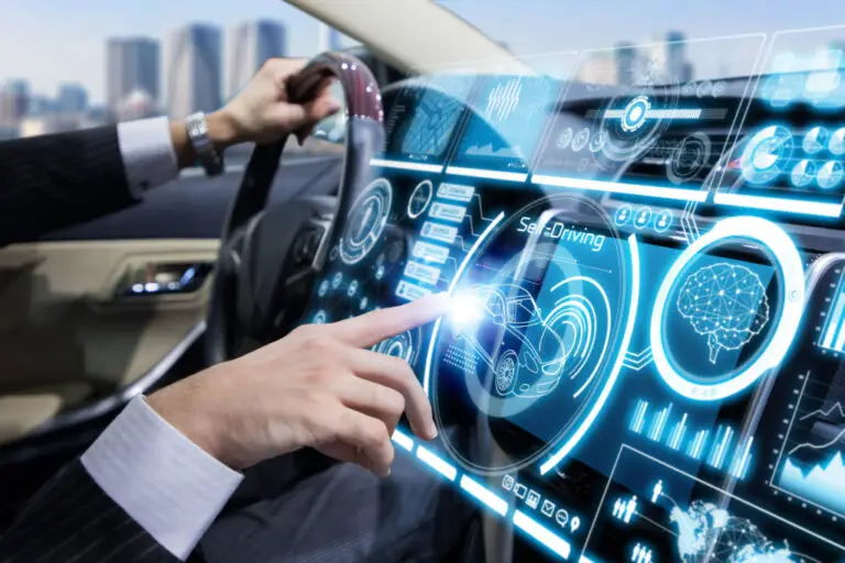 Futuristic instrument panel of vehicle.